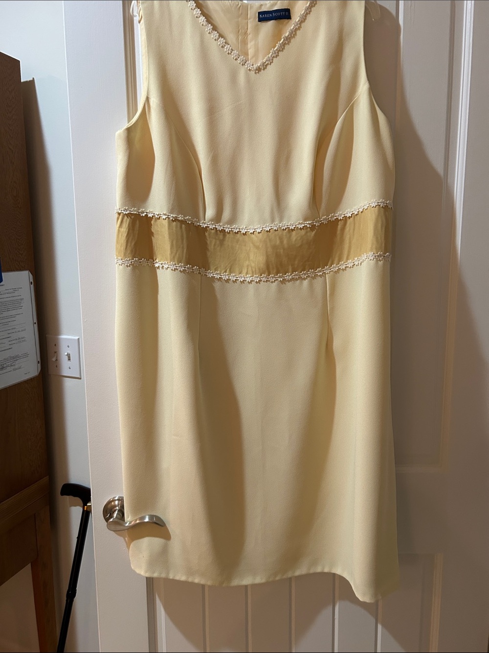 Karen Scott Pale Yellow Sleeveless Shift Dress with Gold Waistband